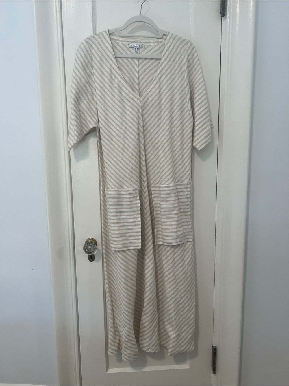Shona Joy Beige and White Striped Maxi Dress with pockets - 100% Linen
